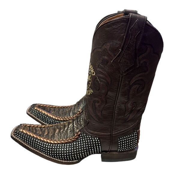 Centenario Collection Men's Ostrich Cowhide Rhinestone Cowboy Boots7.5